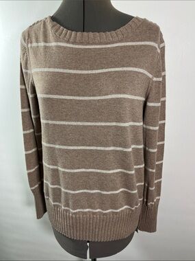 Sonoma Taupe and White Striped Crewneck Sweater Women Size L